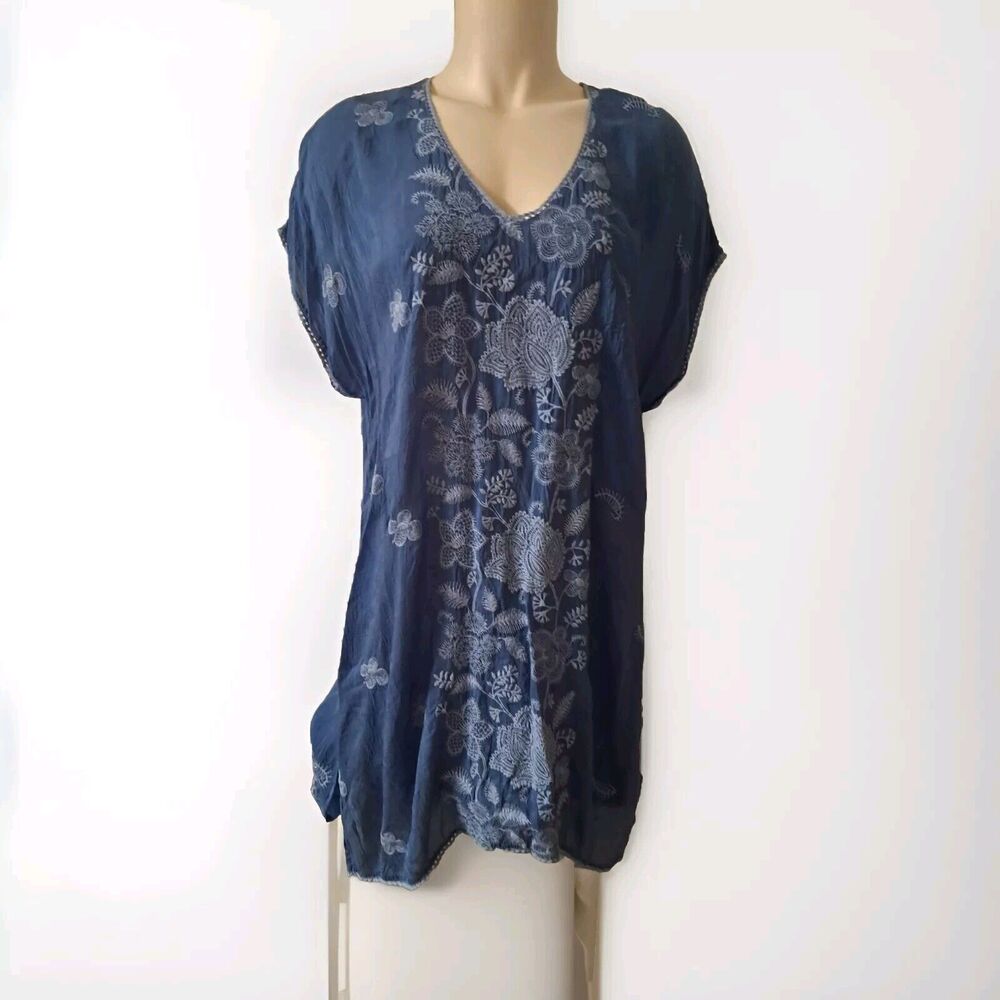 NWT **Johny Was**  Size Large CERULAN BLUE Floral-Embroidered Tunic Dress